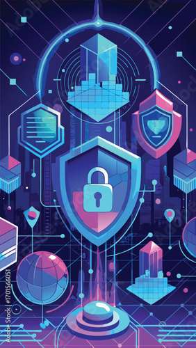 Digital security concept with shields padlocks data transmission and futuristic design elements suitable for protection themes