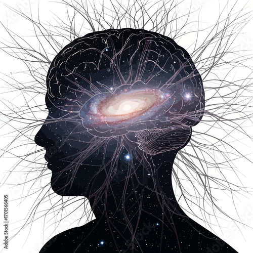 Surreal Double Exposure: Brain Merged with a Cosmic Nebula