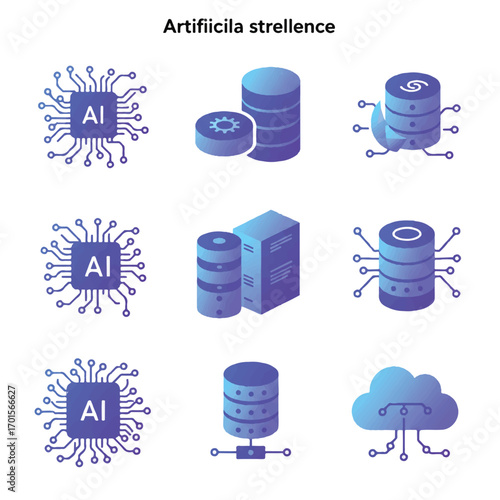 Artificial intelligence data processing with server and cloud storage showing modern technology and innovation in a gradient color scheme.