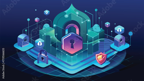Digital security illustration depicting data protection network security and cyber safety in a modern isometric design
