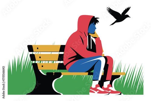 Young person in red hoodie sits alone on park bench watching a bird fly overhead