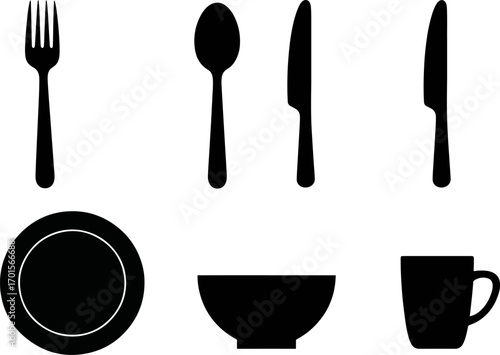Simple black and white silhouette of place setting with plate, bowl, cup, fork, spoon, and knife arranged on white surface representing dining, eating, and kitchenware.