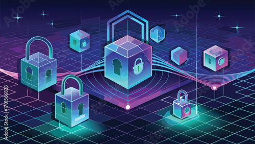 Digital security illustration representing data protection and cybersecurity with cubes padlocks and grid lines concept