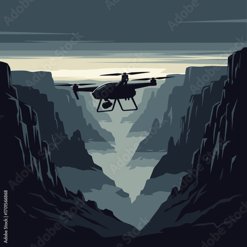 Dynamic Silhouette of a Drone in a Fog-Filled Canyon