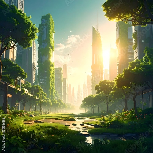 Lush greenery reclaims a futuristic cityscape at dawn