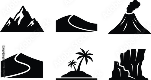 Simple black and white mountain range, desert dune, erupting volcano, winding hill, tropical island, and rocky cliff represent diverse landscapes in minimalist style.