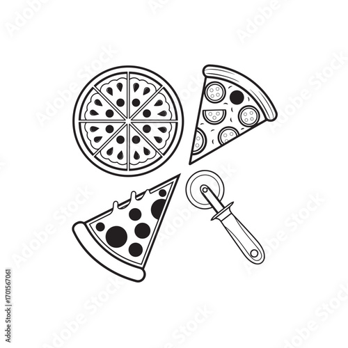 Pizza and Cutter Icon Set Illustration