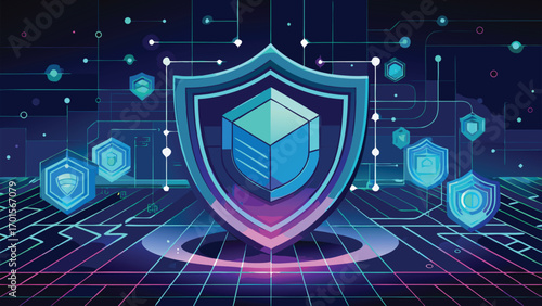 Digital shield abstract illustration representing cybersecurity protection and data encryption with geometric shapes on a futuristic background