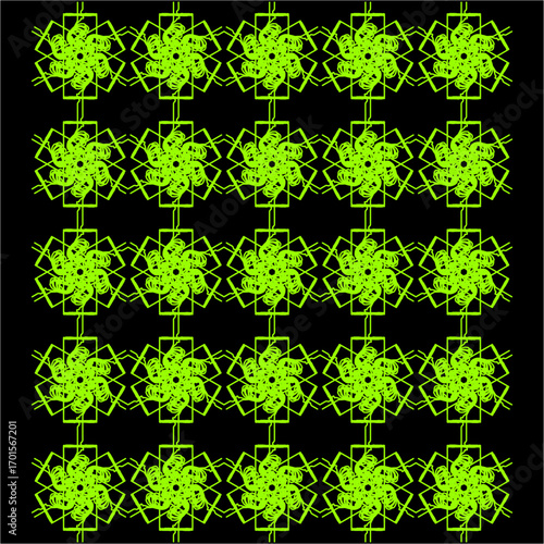 Radiant lime-green mandalas burst in luminous repetition, weaving intricate floral wheels across the darkness. Each layered petal glows with structured harmony and infinite energy.