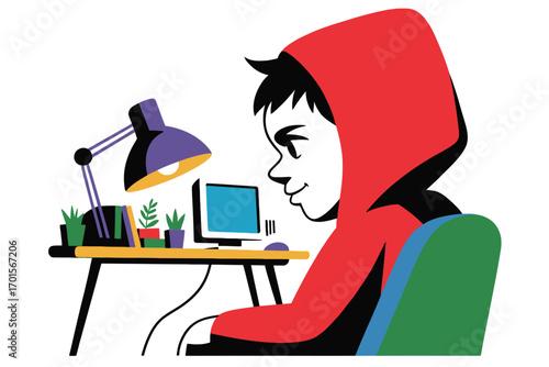 Young person wearing a red hoodie focused on a computer screen at a desk