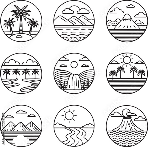 Minimalist Nature Landscape Line Art Icons