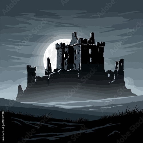 Majestic Silhouette of a Medieval Castle Ruin on a Moonlit Moor
