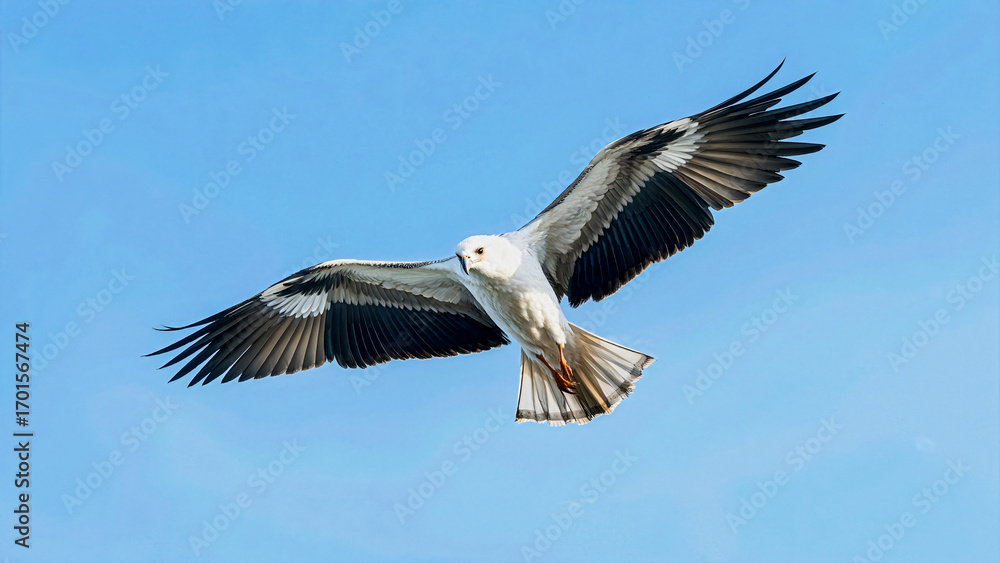 Fototapeta premium White Bird Soaring with Wings Spread in Clear Blue Sky Wildlife Photography