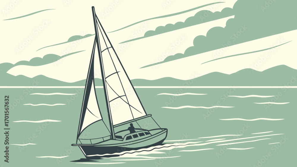 Fototapeta premium Stylized Sailboat on Calm Sea Vector Illustration