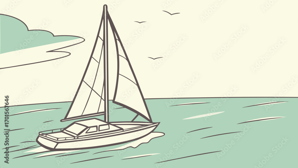 Fototapeta premium Stylized Sailboat on Calm Sea Vector Illustration