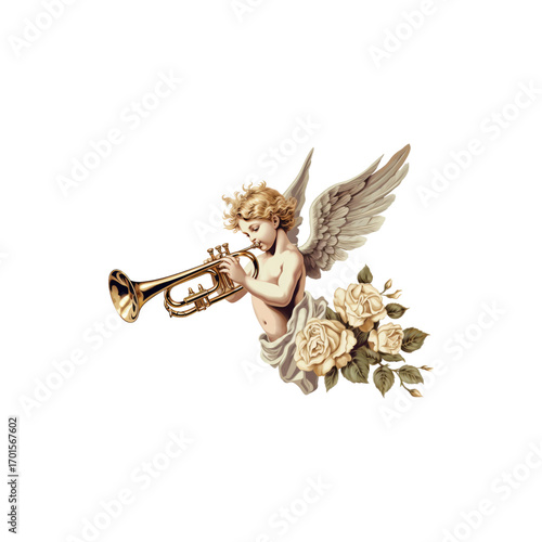  Vintage cherub with trumpet playing angel figure baroque style classical artwork renaissance decoration religious symbol heavenly character music theme isolated on white background