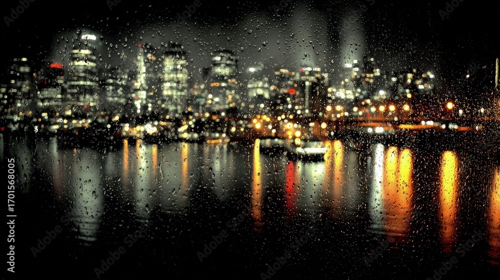 Obraz premium Rainy Night Cityscape View Through Window