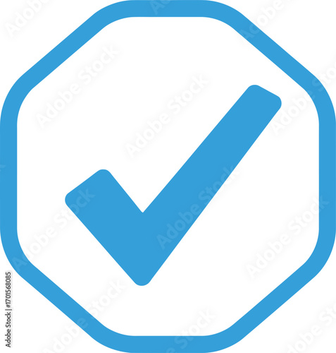 Blue Rounded Octagon Shape Outline with Check Mark on White Background