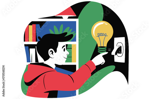 Young person with a bright idea symbolized by a lightbulb and bookshelf in the background