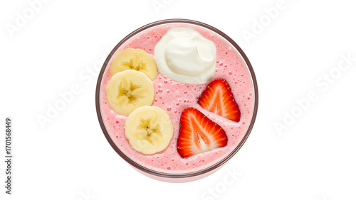 Strawberry banana smoothie in a bowl topped with fresh fruit slices and whipped cream, top view isolated on white background, ideal for recipe designs, cafe branding, and healthy food posters.