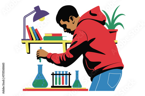 Young student in red hoodie conducting science experiment with beakers and test tubes at desk