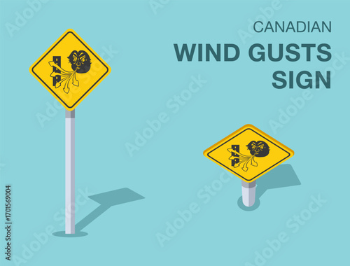 Traffic regulation rules. Isolated canadian "wind gusts" road sign. Front and top view. Flat vector illustration template.