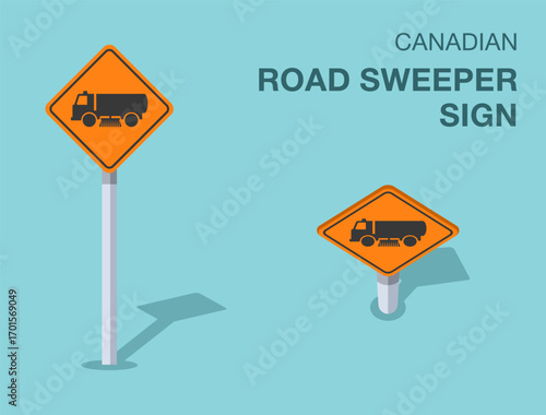Traffic regulation rules. Isolated canadian "road sweeper" road sign. Front and top view. Flat vector illustration template.