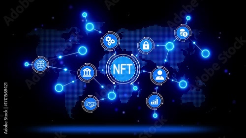 Digital network connecting global finance and N F T marketplace with blockchain technology and secure transactions