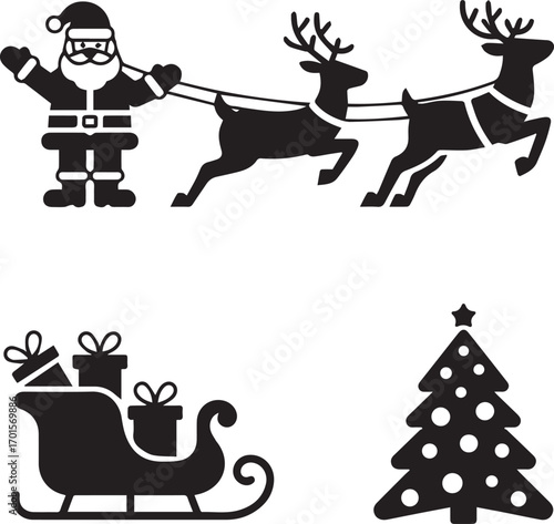 Christmas icons santa claus reindeer sleigh with gifts and festive tree silhouette