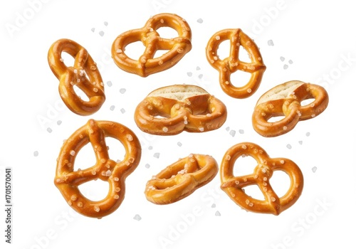 Salted pretzels levitate in a delectable display against a plain white background.
