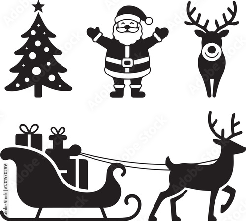 Festive christmas icons silhouette collection santa claus reindeer sleigh and tree for holiday design