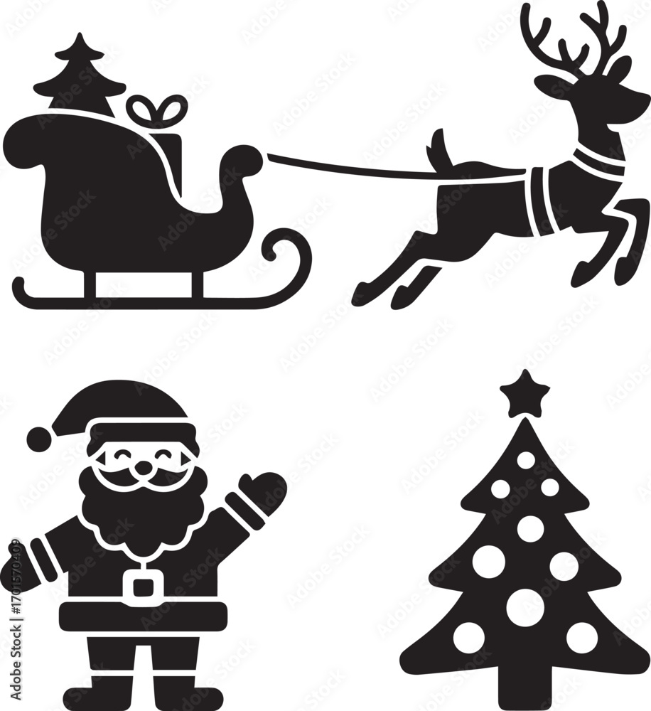 Fototapeta premium Merry christmas icons santa claus sleigh reindeer and tree silhouette festive holiday celebration symbols