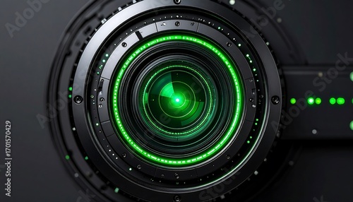 Futuristic camera lens with glowing green rings