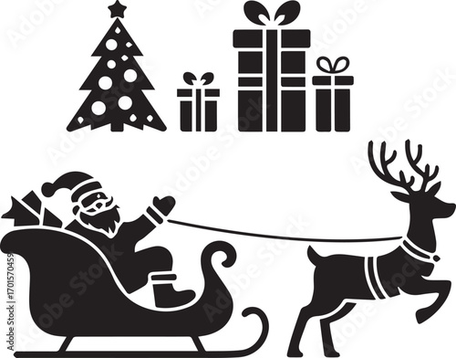 Santa claus riding sleigh pulled by reindeer with christmas tree and gifts silhouette