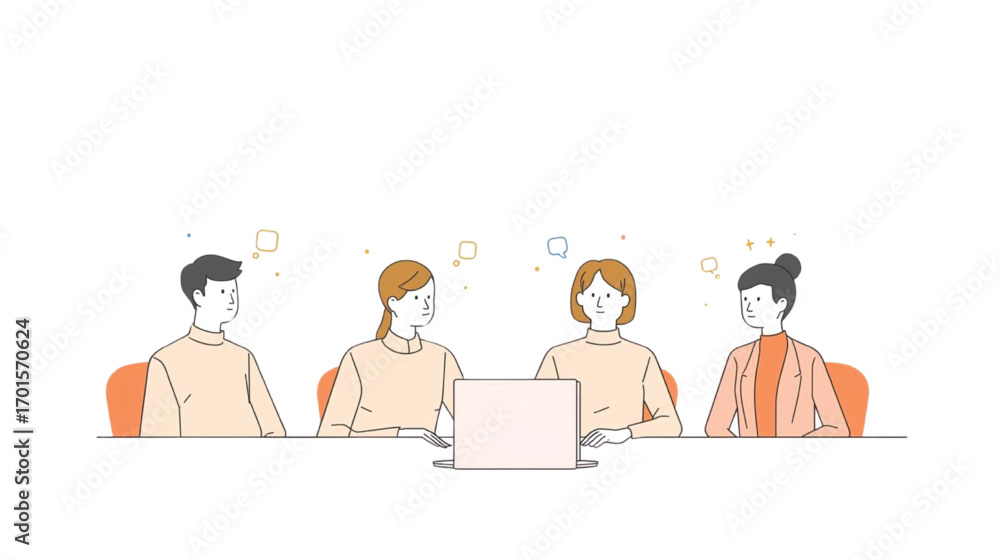 Fototapeta premium Four people collaborating at a table with a laptop
