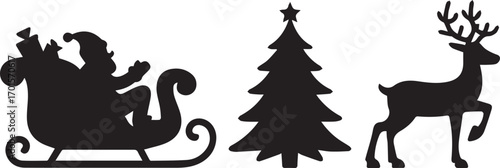 Silhouette of santa claus in a sleigh with reindeer and christmas tree festive holiday scene