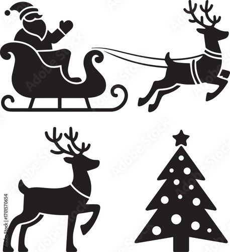 Silhouette of santa claus in sleigh pulled by reindeer with another reindeer and christmas tree