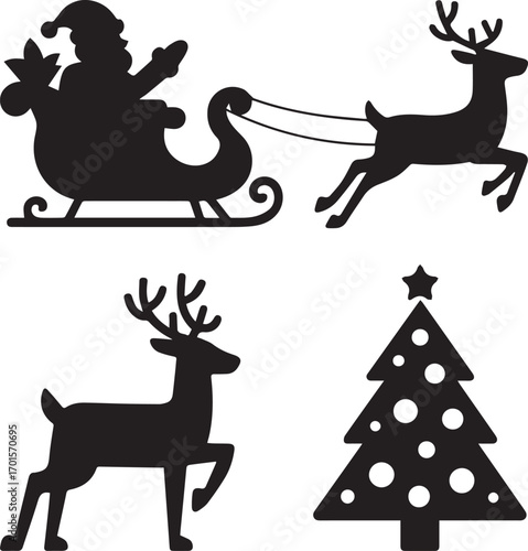 Silhouette of santa claus in sleigh pulled by reindeer with christmas tree festive winter holiday elements