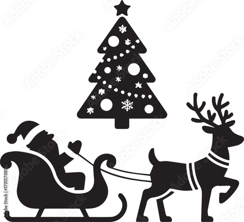 Silhouette santa claus sleigh ride reindeer christmas tree festive holiday season celebration