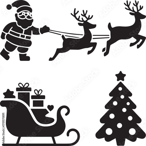Silhouette of santa claus with reindeer sleigh and christmas tree celebrating festive holidays