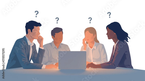 Team brainstorming with laptop and question marks