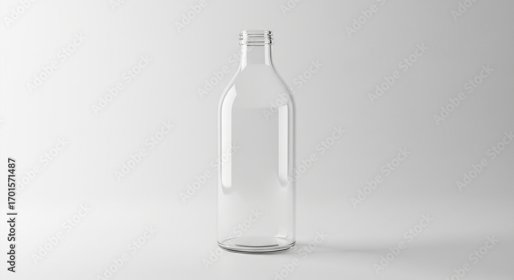 Fototapeta premium Empty clear glass bottle on a white background, studio shot, product display.