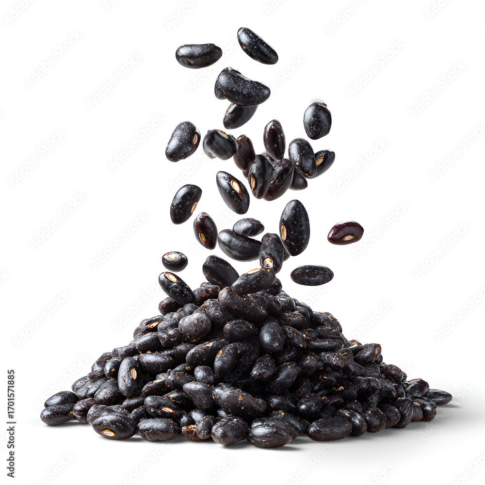 Obraz premium Black Turtle Beans Falling from a Pile Isolated on Transparent Background