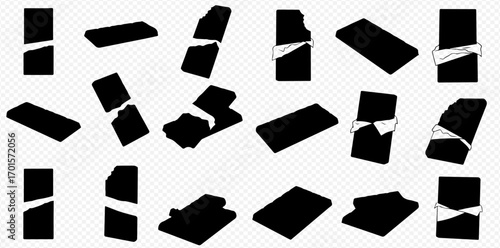 Silhouette collection of chocolate bars, some partially unwrapped, displayed on a transparent background.