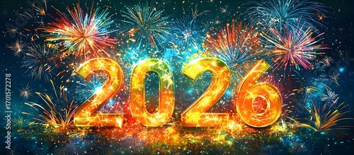 Happy New Year 2026 greeting banner with gold number and golden fireworks on night background