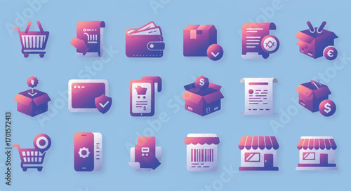 Ecommerce elements depicting online shopping and delivery services with vibrant gradient colors and modern aesthetic appeal.
