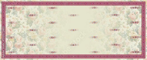 Vintage floral dupatta design with pastel roses and ornate magenta border layout