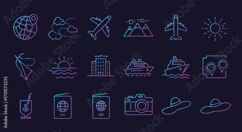 Collection of travel themed line art elements representing various modes of transport and destinations on a dark purple backdrop, conveying wanderlust and adventure.