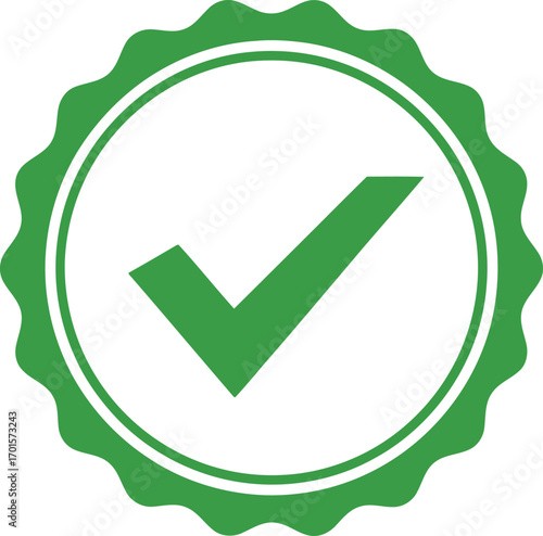 Green Check Mark Inside Scalloped Circle with White Border on Transparent Background