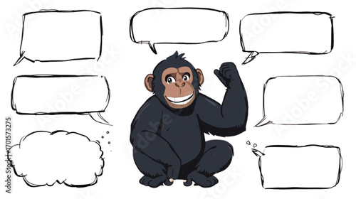 Cartoon chimpanzee with speech bubbles and thought bubbles